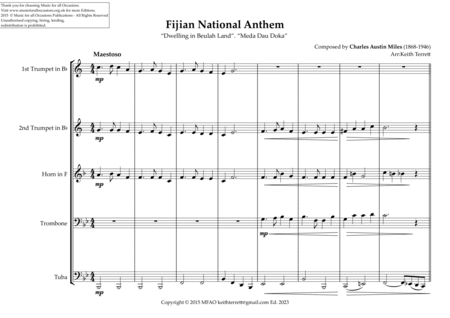 Fijian National Anthem ("Dwelling in Beulah Land". "Meda Dau Doka") for Brass Quintet image number null