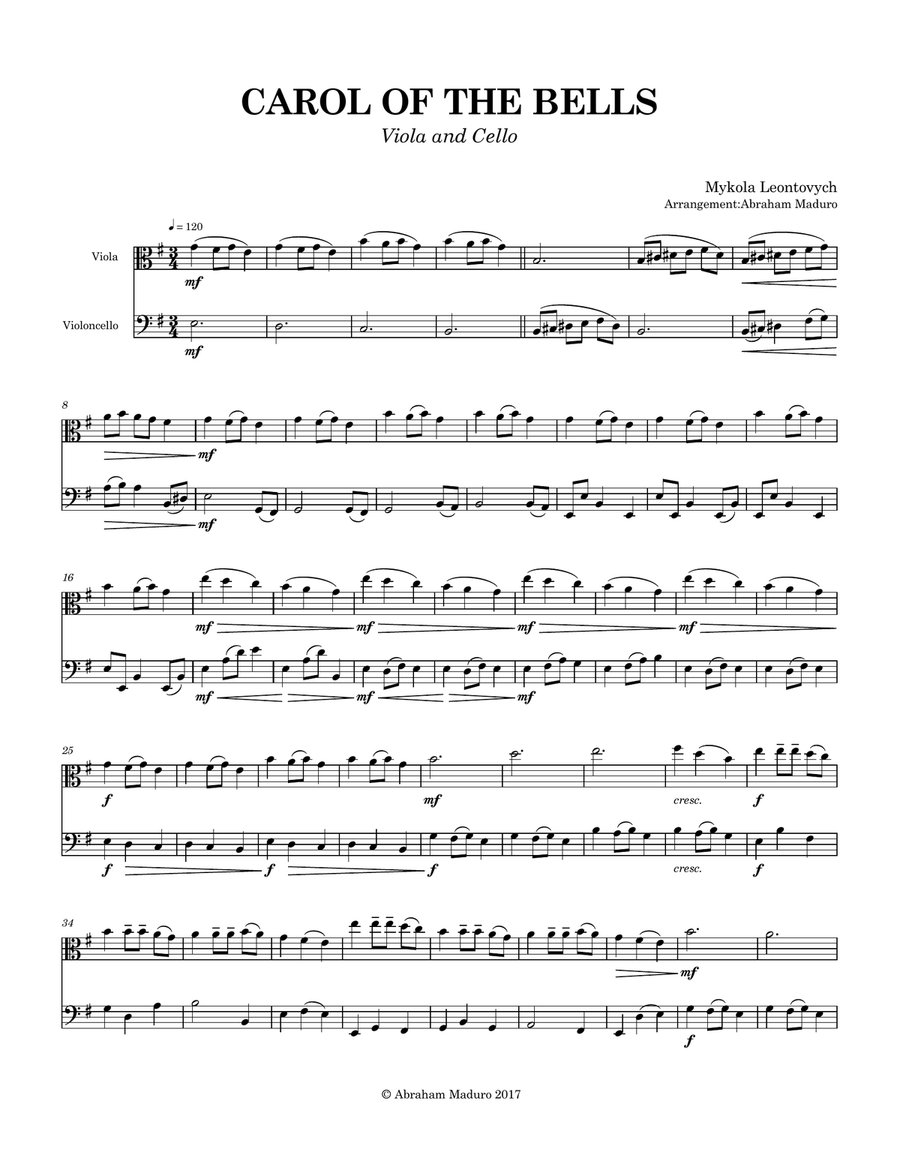 Carol of the Bells Viola and Cello Duet String Duet scores gallery preview page 2