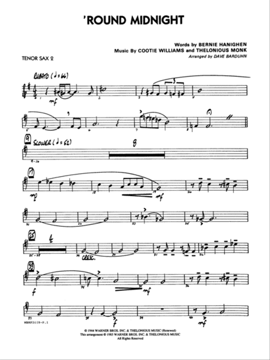 'Round Midnight: 2nd B-flat Tenor Saxophone Jazz Ensemble scores gallery preview page 1