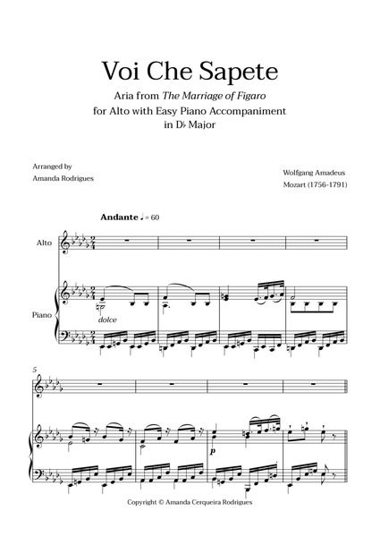 Voi Che Sapete from "The Marriage of Figaro" - Easy Alto and Piano Aria Duet in Db Major image number null