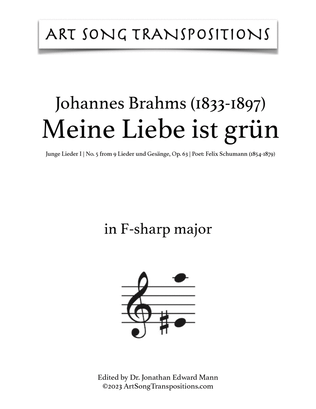 Book cover for BRAHMS: Meine Liebe ist grün, Op. 63 no. 5 (transposed to F-sharp major)