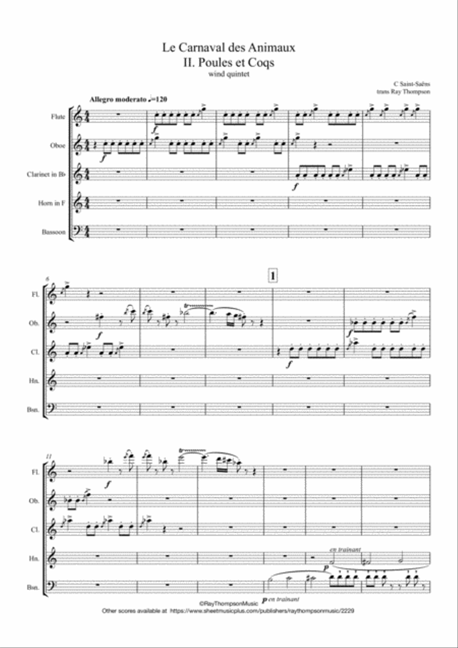 Saint-Saëns: Le Carnaval des Animaux II. Poules et Coqs (Hens and Roosters) - wind quintet Woodwind Quintet scores gallery preview page 1