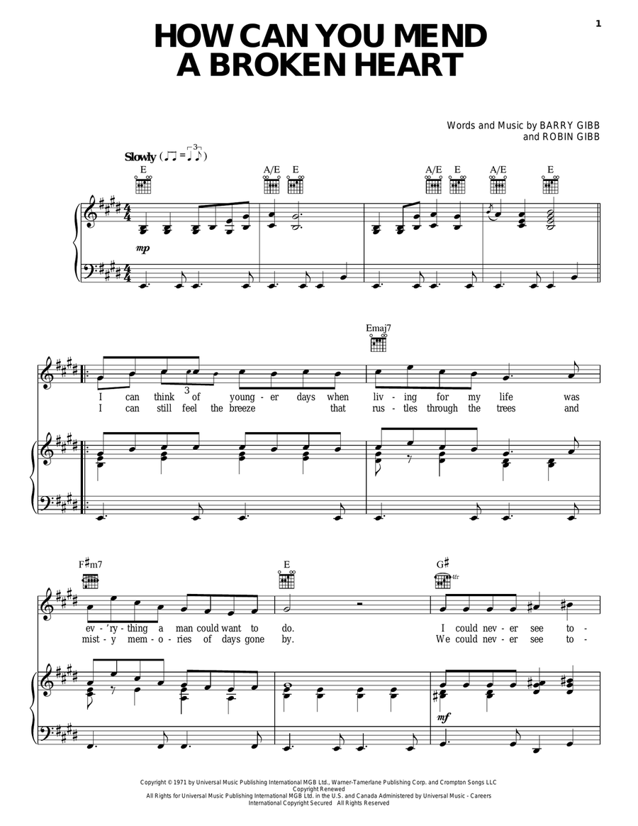 How Can You Mend A Broken Heart Piano, Vocal, Guitar scores gallery preview page 1