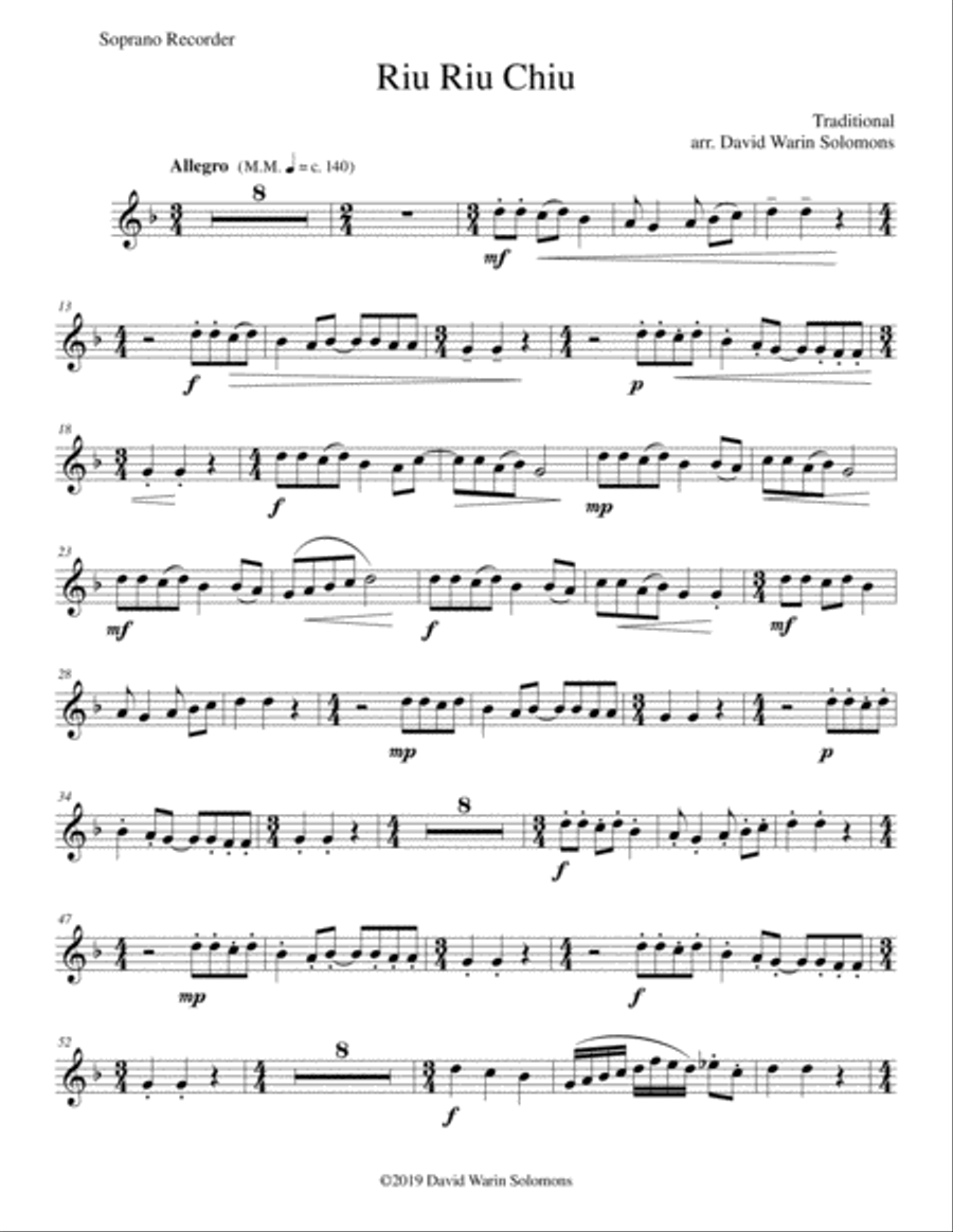 Riu Riu Chiu arranged for recorder quintet (soprano, 2 altos, tenor, bass) Soprano Recorder scores gallery preview page 5