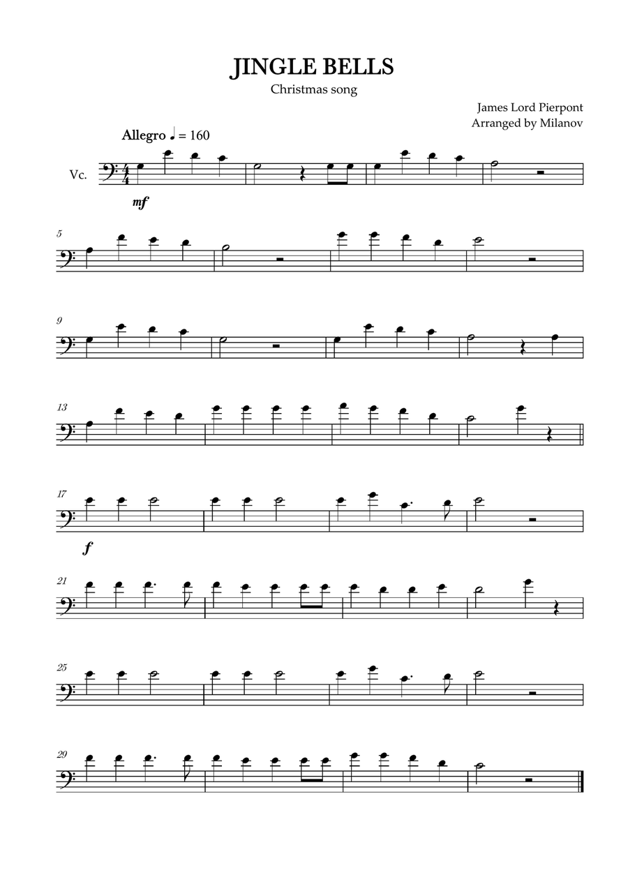 Jingle Bells | Pierpont | Christmas song | cello | easy | C Major image number null