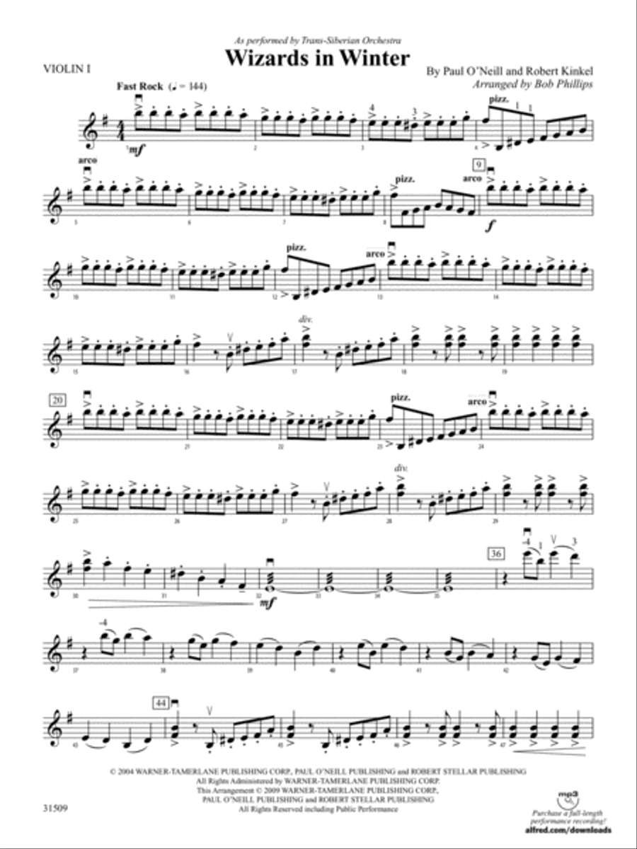 Wizards in Winter: 1st Violin String Orchestra scores gallery preview page 1