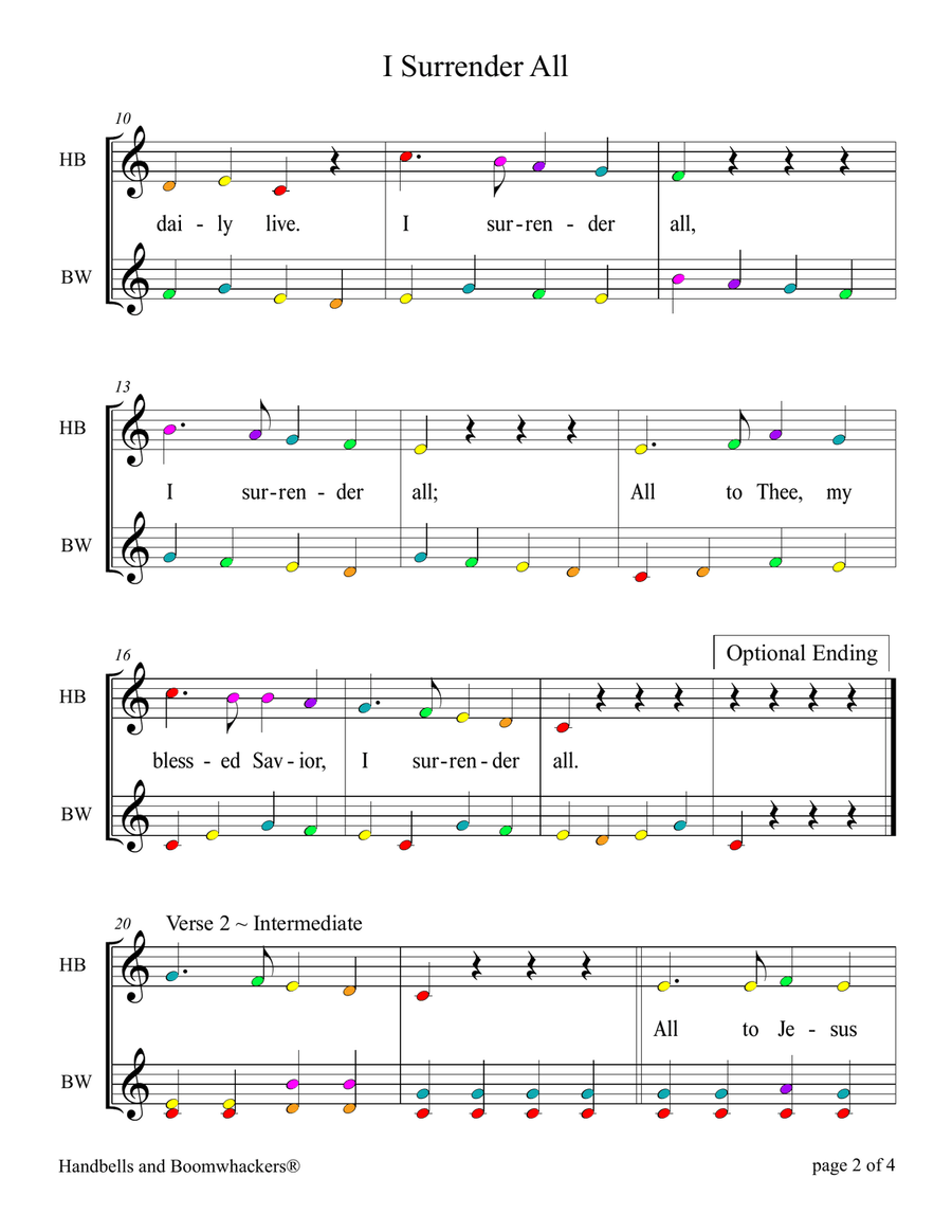 I Surrender All (for 8-note Bells and Boomwhackers® with Color Coded Notes) Handbell Choir scores gallery preview page 6