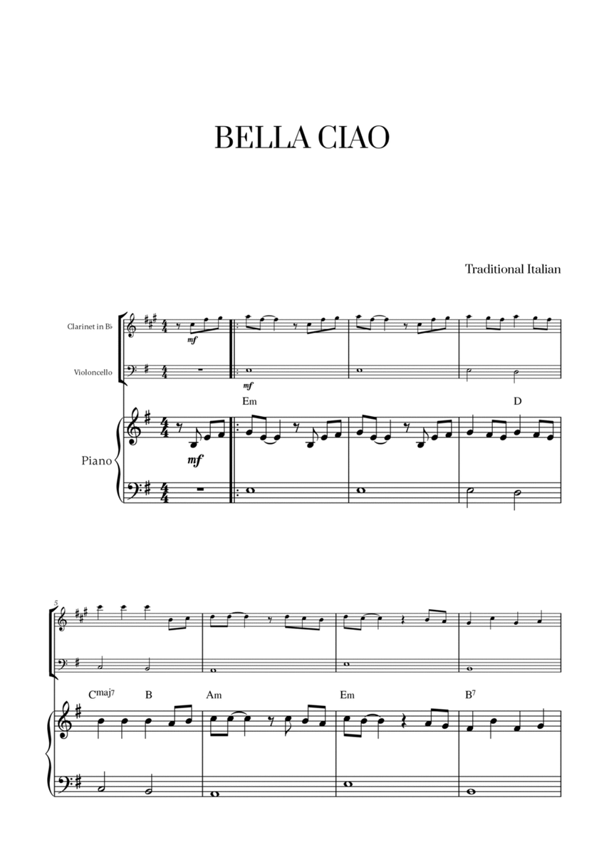 Bella Ciao with chords for Clarinet, Cello and Piano image number null