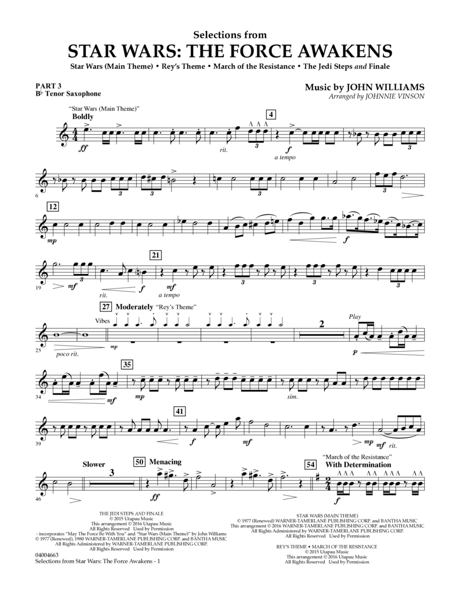 Selections from Star Wars: The Force Awakens - Pt.3 - Bb Tenor Saxophone Concert Band scores gallery preview page 1