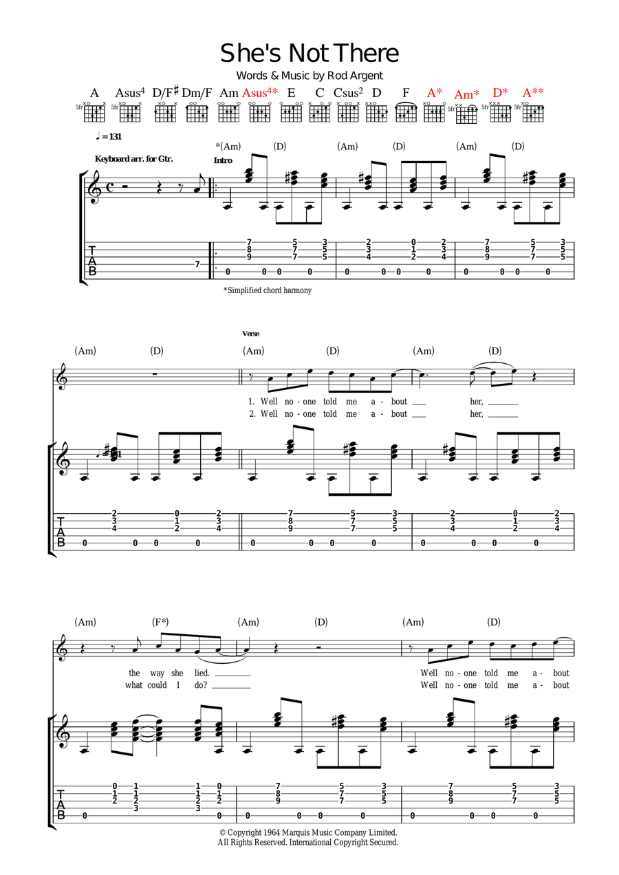 She's Not There Guitar Tablature scores gallery preview page 1