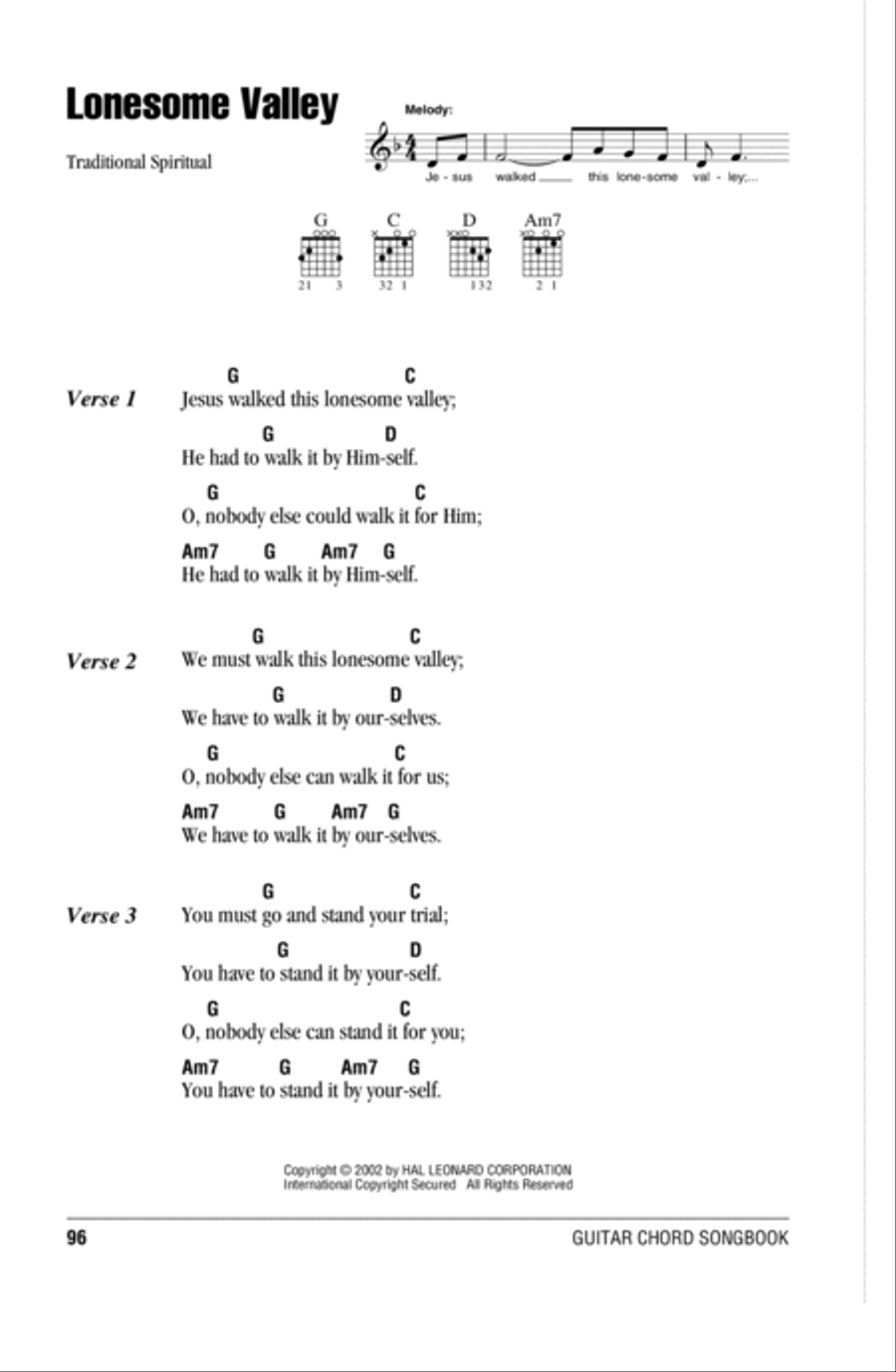 Lonesome Valley Easy Guitar scores gallery preview page 1