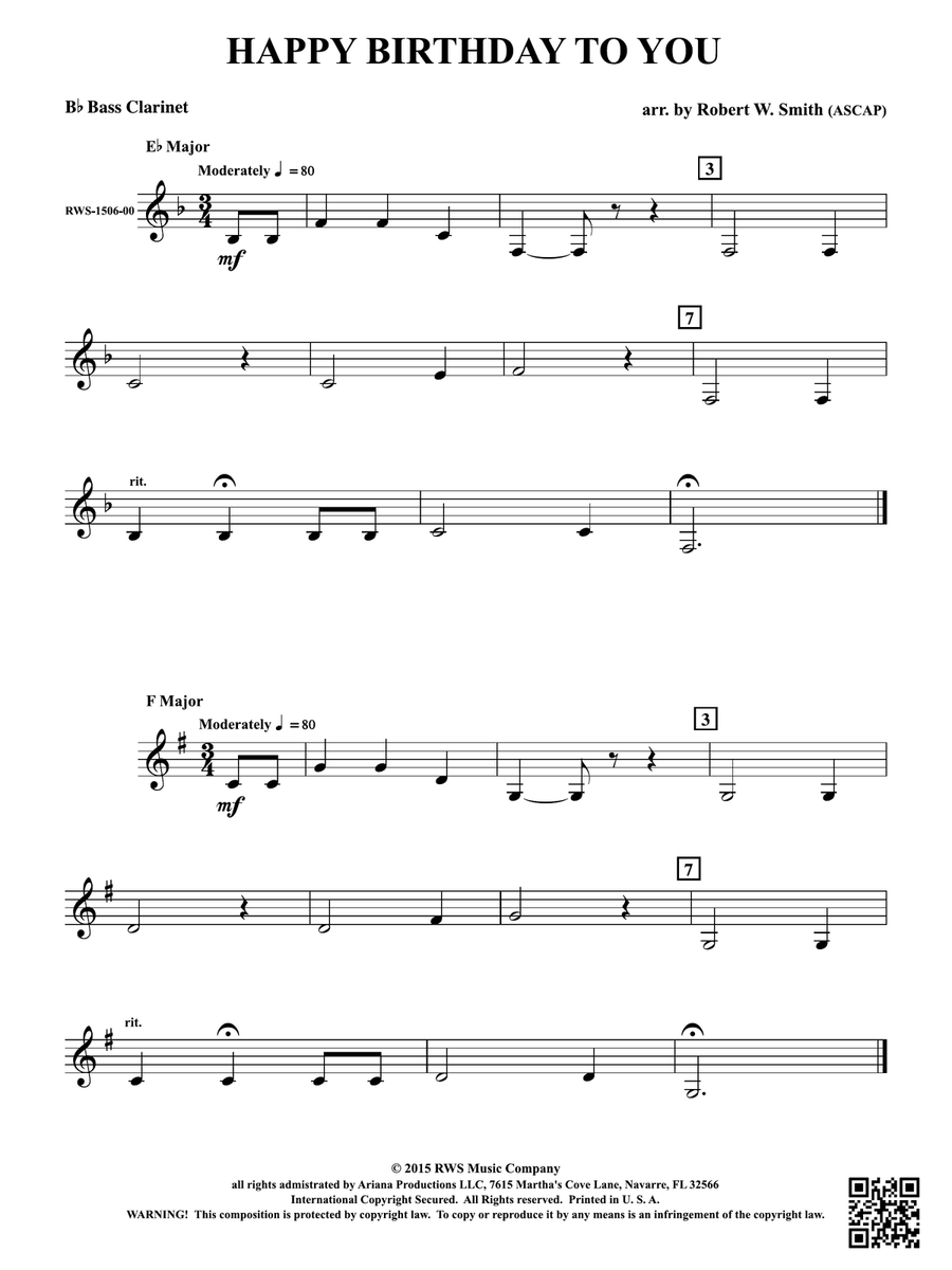 Happy Birthday to You: B-flat Bass Clarinet Bass Clarinet scores gallery preview page 1