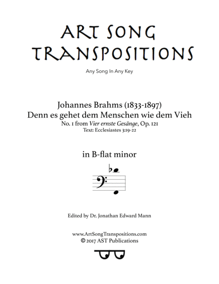 Denn es gehet dem Menschen wie dem Vieh, Op. 121 no. 1 (B-flat minor, bass clef) by Johannes Brahms Voice - Digital Sheet Music
