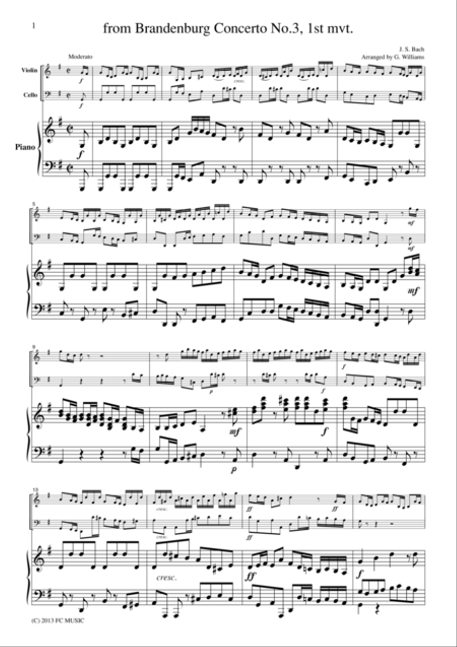 Bach Brandenburg Concerto No.3, 1st mvt., BWV1048, for piano trio, PB005 Piano Trio scores gallery preview page 1