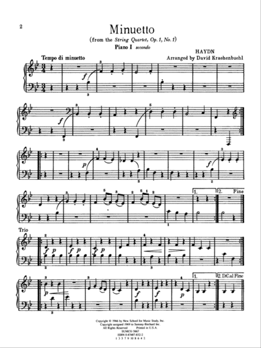 Minuetto from String Quartet, Opus 1, No. 1 - Piano Quartet (2 Pianos, 8 Hands) Cello scores gallery preview page 1