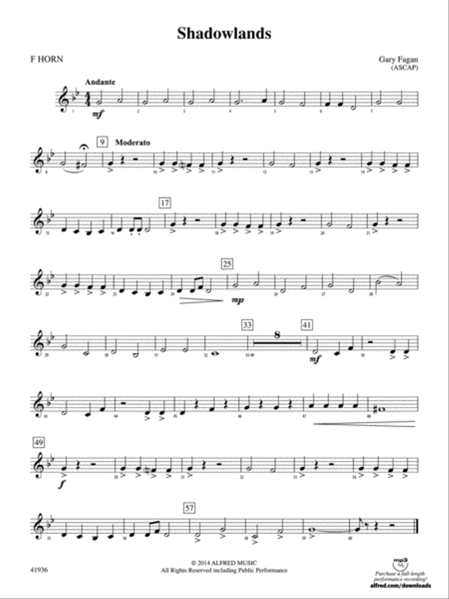 Shadowlands: 1st F Horn Shadowlands: 1st F Horn Concert Band scores gallery preview page 1