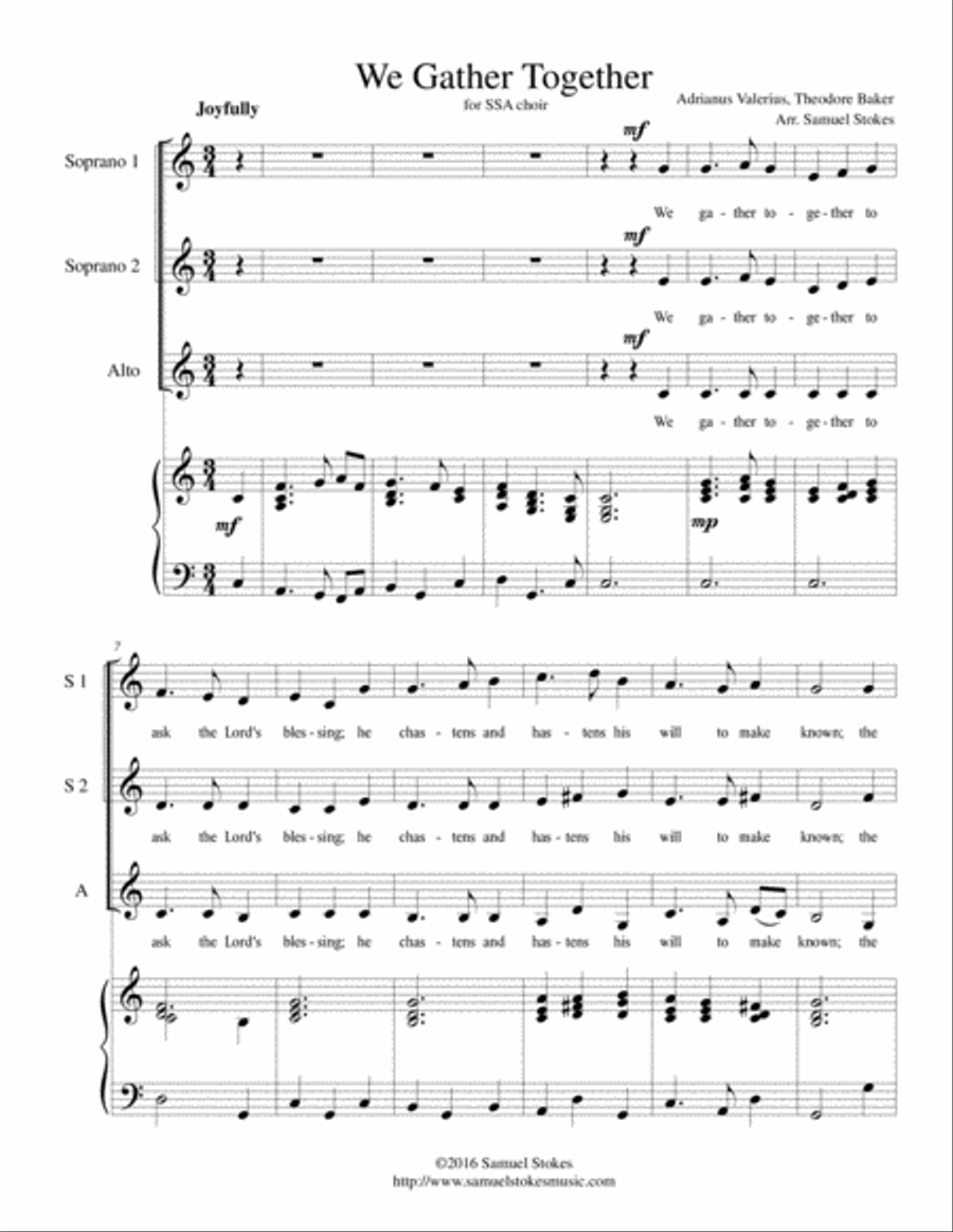 We Gather Together (The Thanksgiving Hymn) - for SSA choir with piano accompaniment SSA scores gallery preview page 1