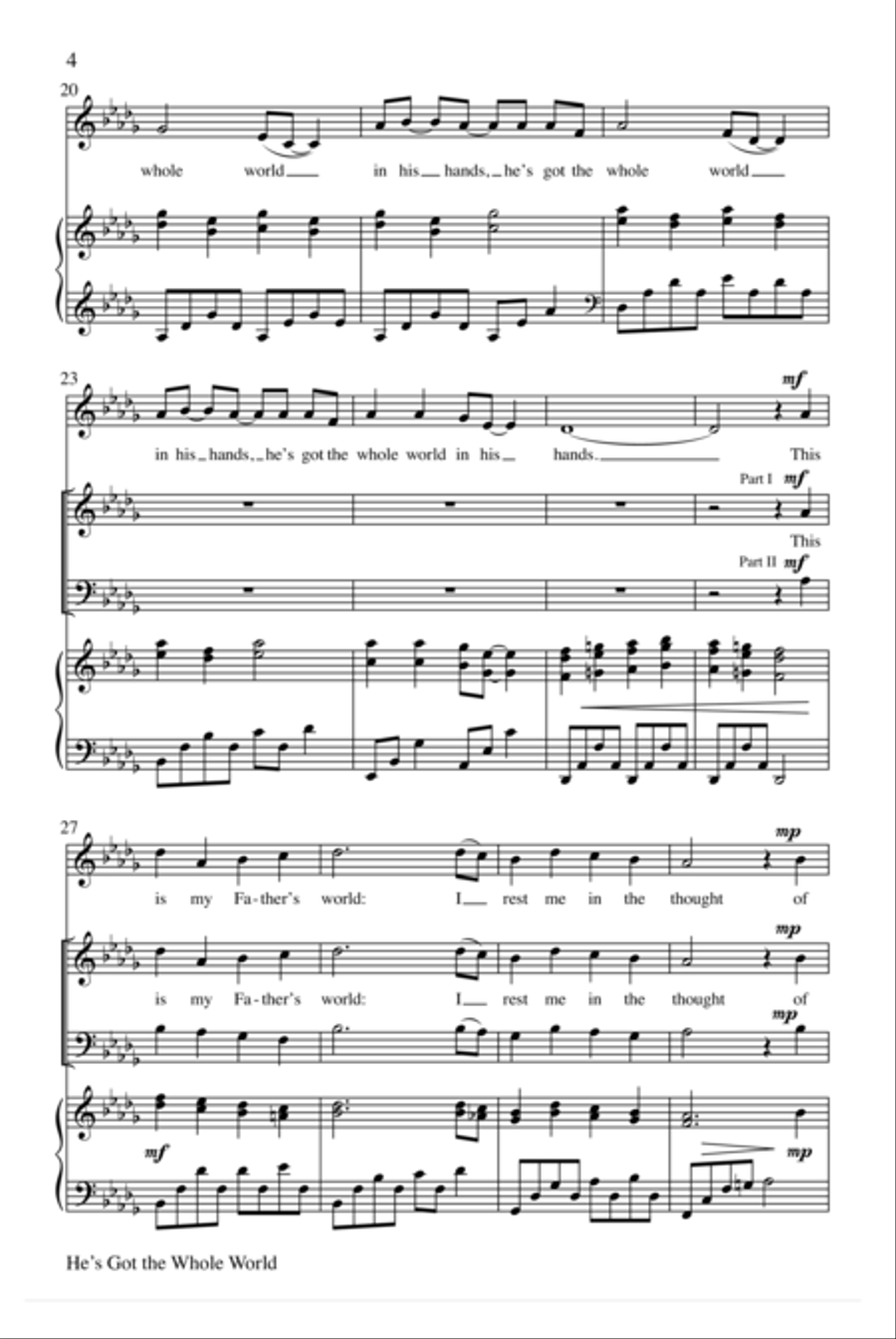 He's Got the Whole World/This Is My Father's World Unison Choir scores gallery preview page 4