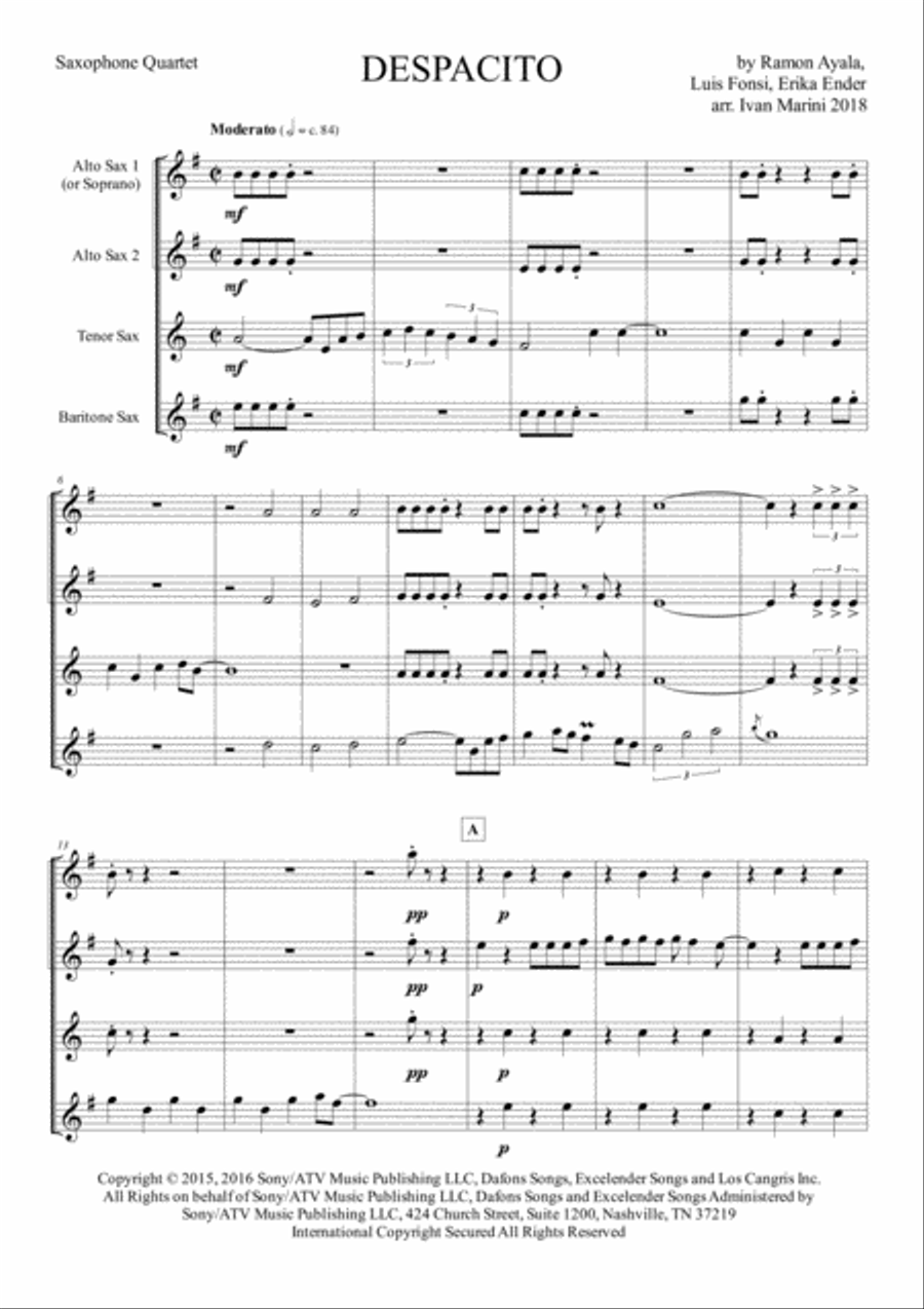 Despacito Saxophone Quartet scores gallery preview page 2