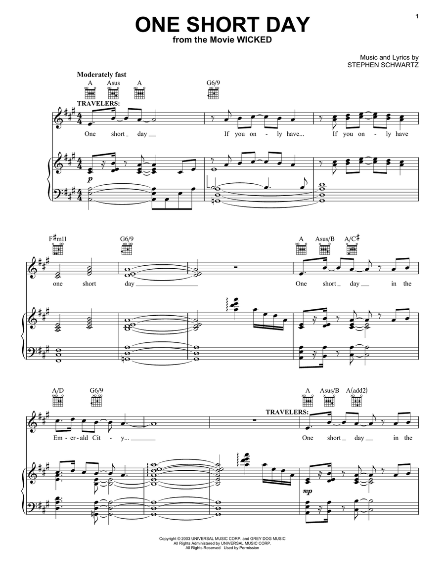 One Short Day (from Wicked) (2024) Piano, Vocal, Guitar scores gallery preview page 1