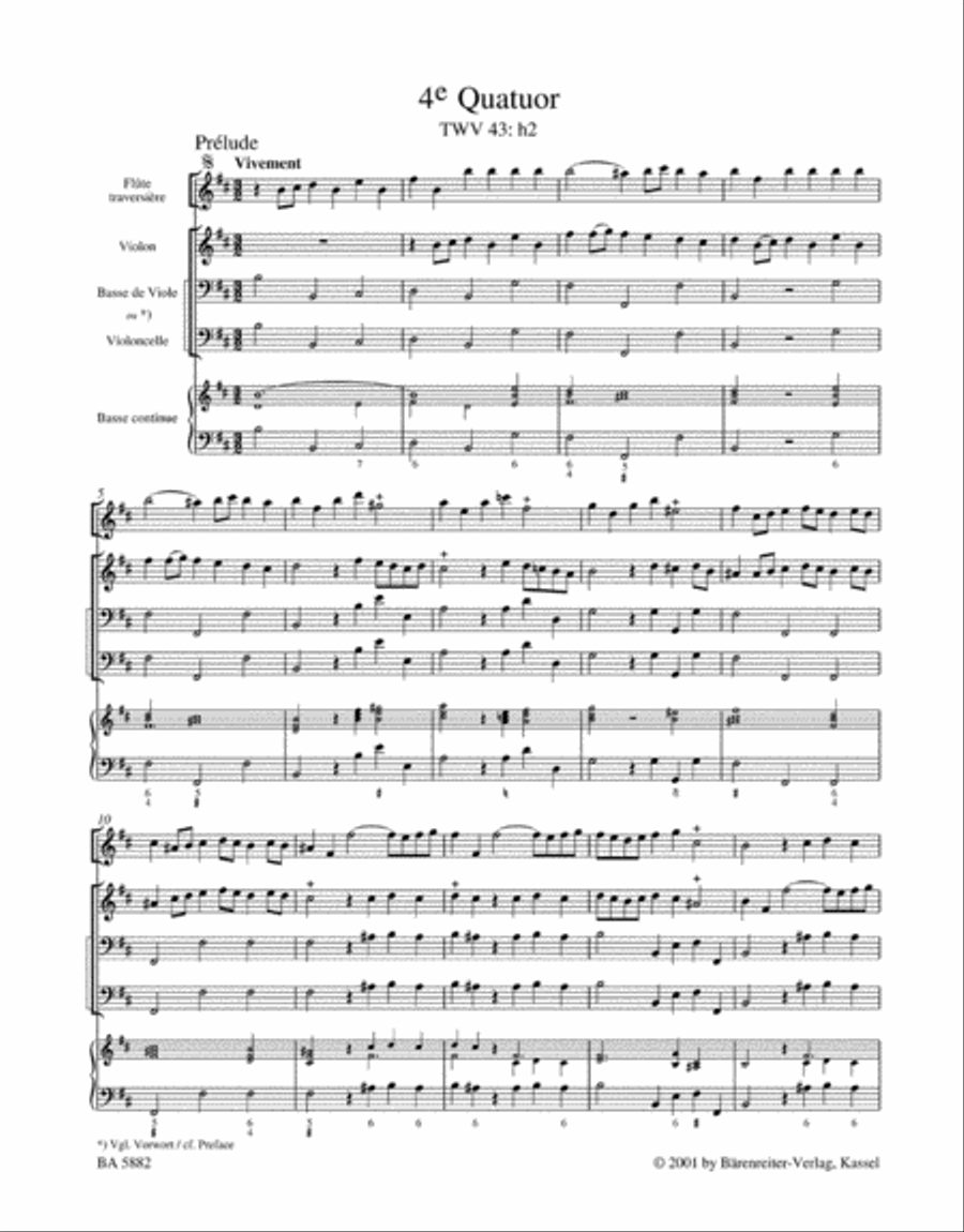 Nouveaux Quatuors en Six Suites II for Flute, Violine, Viola da gamba oder Violoncello und Basso continuo 'Pariser Quartette' Flute scores gallery preview page 2