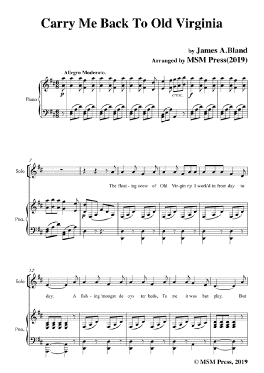 James A. Bland-Carry Me Back To Old Virginny,in D Major,for Voice &Pno Voice scores gallery preview page 3