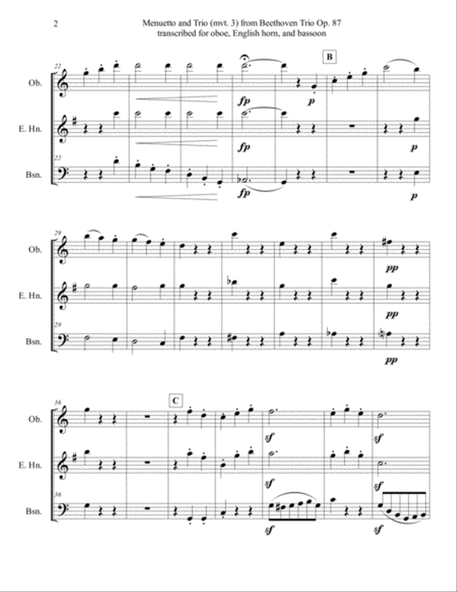 Menuetto and Trio (mvt. 3) from Beethoven Trio in C Major, Op. 87, for Oboe, English horn, and Basso Woodwind Trio scores gallery preview page 4