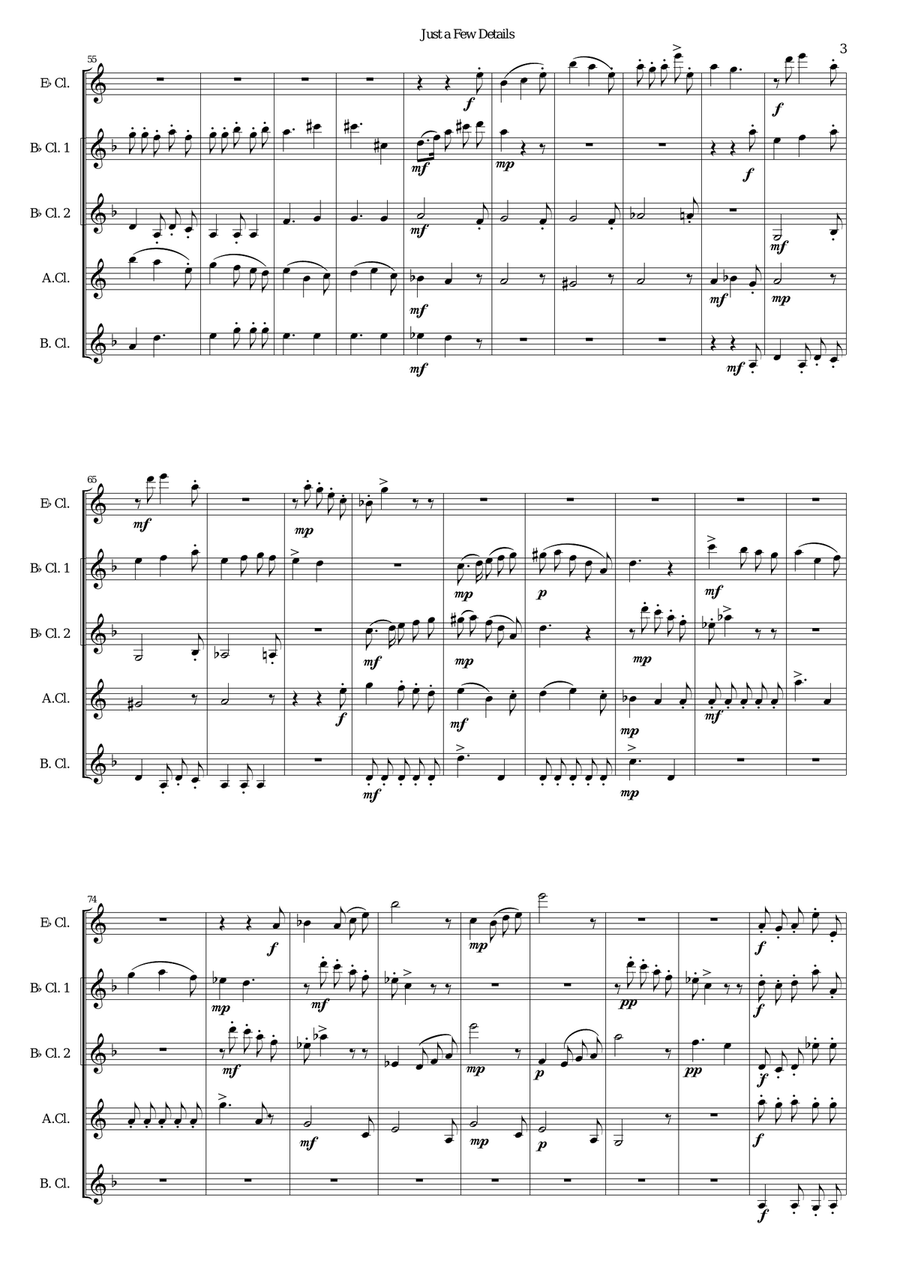 Just a Few Details for clarinet quintet (E flat, 2 B flats alto and bass) Clarinet Quintet scores gallery preview page 3