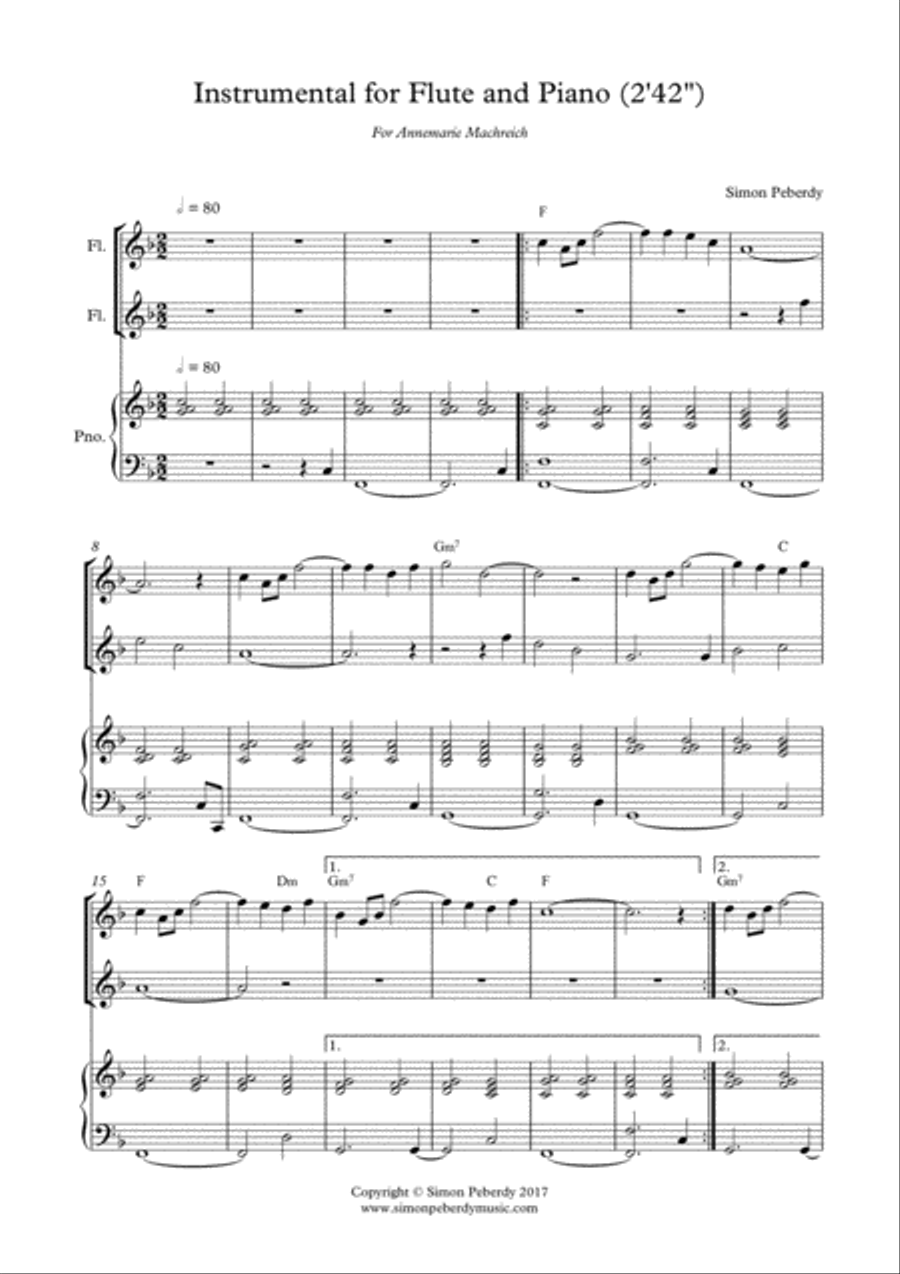 Instrumental Interlude 2'42 in F for 2 flutes and guiatr/piano by Simon Peberdy Small Ensemble scores gallery preview page 1