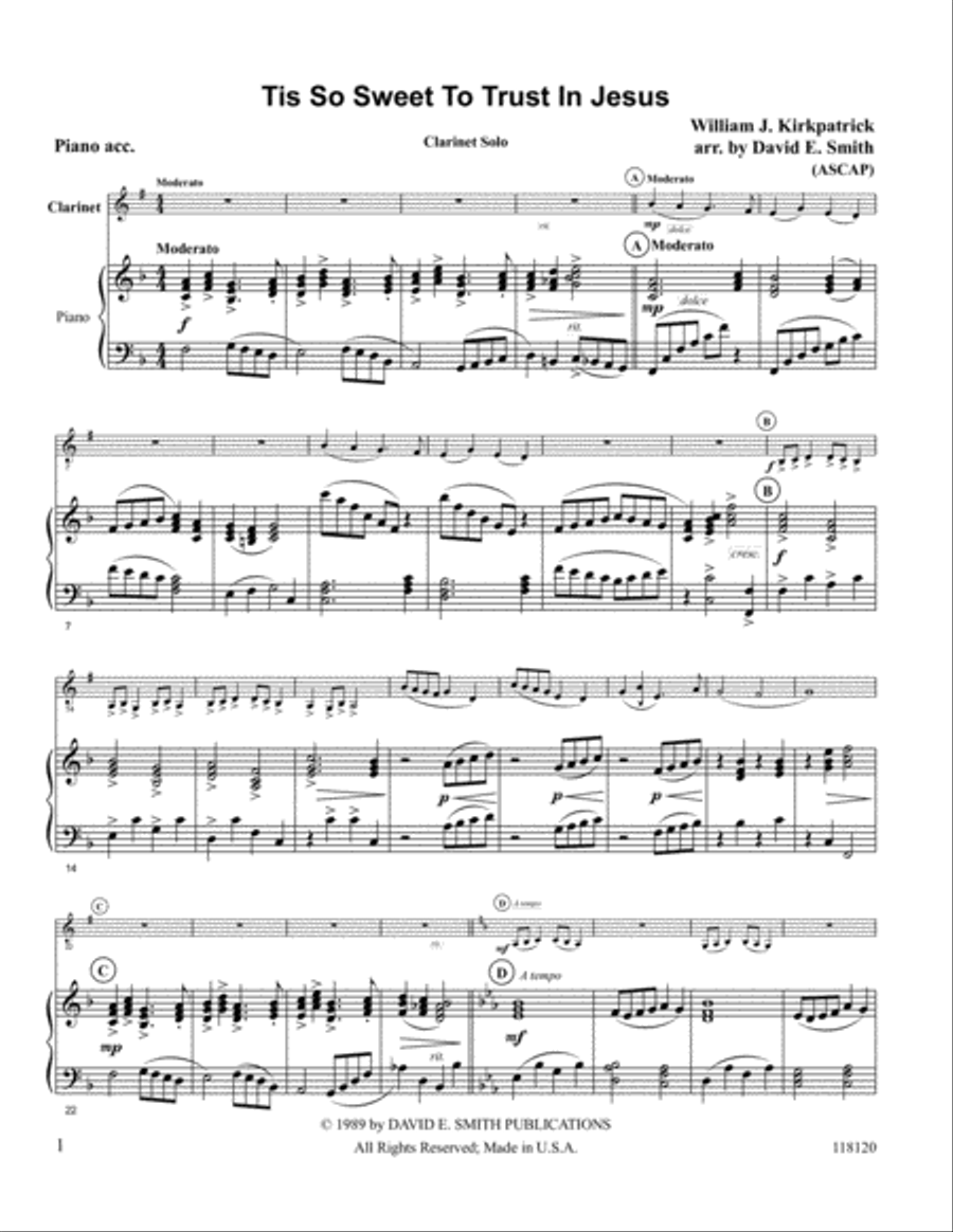Tis So Sweet to Trust in Jesus Clarinet Solo scores gallery preview page 1