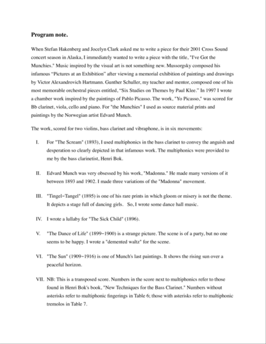 I've Got the Munchies (2001) for violin, viola, bass clarinet in B-flat and vibraphone. Small Ensemble scores gallery preview page 2