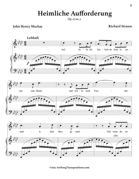 STRAUSS: Heimliche Aufforderung, Op. 27 no. 3 (in 3 medium keys: A-flat, G, G-flat major) by Richard Strauss Voice - Digital Sheet Music