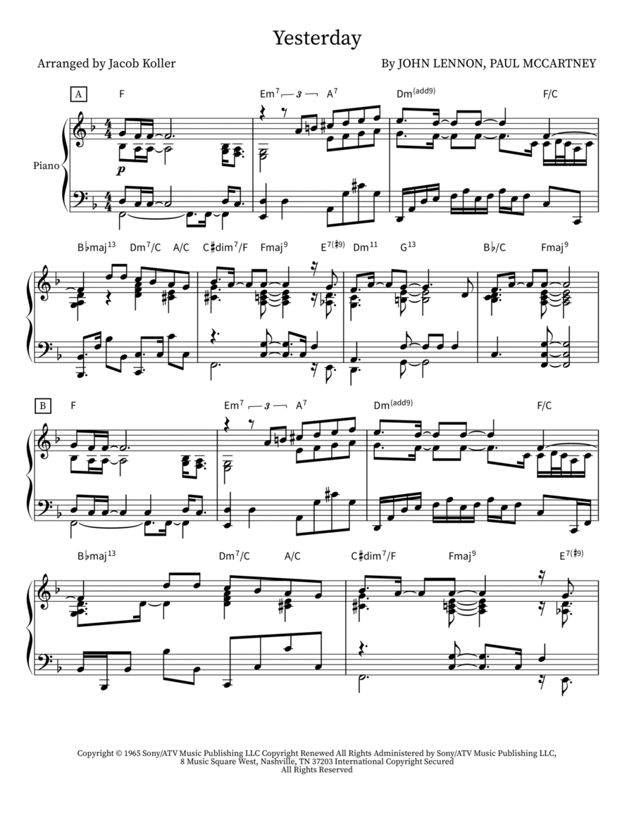 Yesterday Piano Solo scores gallery preview page 1