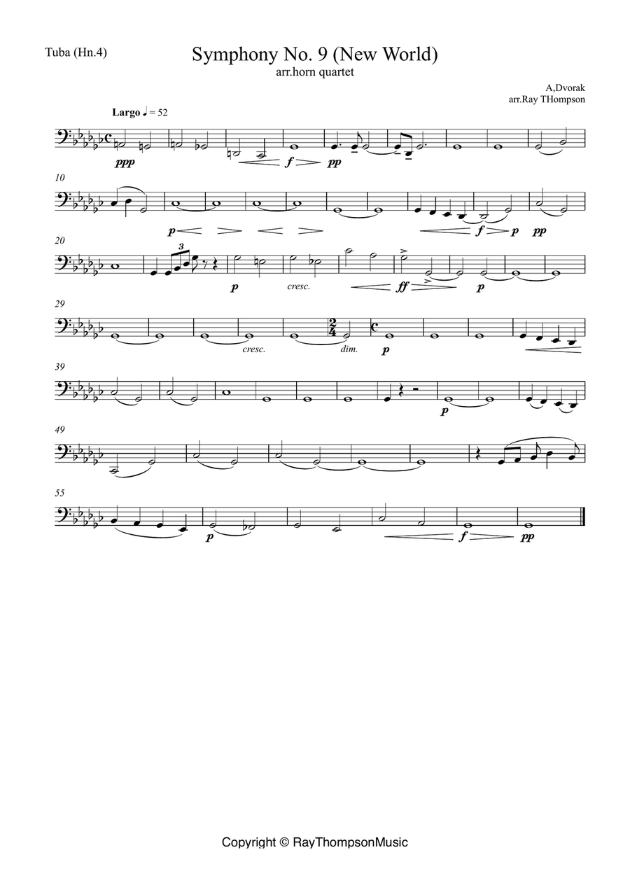 Dvorak: Mvt.II Largo (extract) from Symphony No.9 (New World) Op.95 - horn quartet Brass Quartet scores gallery preview page 3