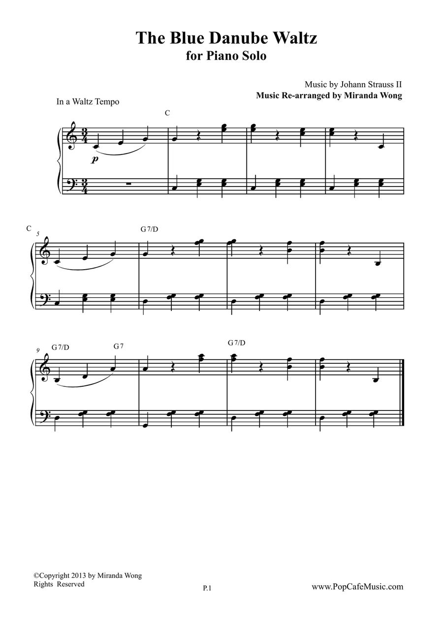 The Blue Danube Waltz in C Key - Piano Solo 4-Part scores gallery preview page 1