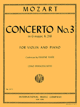 Book cover for Concerto No. 3 in G major, K. 216 (with Cadenzas by Eugene Ysaye)