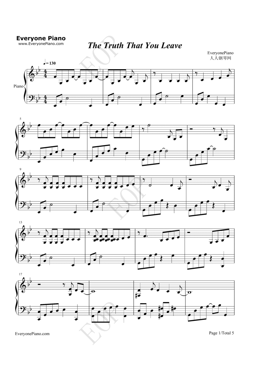 The truth that you leave,C Major,Easy Piano Solo Sheet,With Fingering Easy Piano scores gallery preview page 1