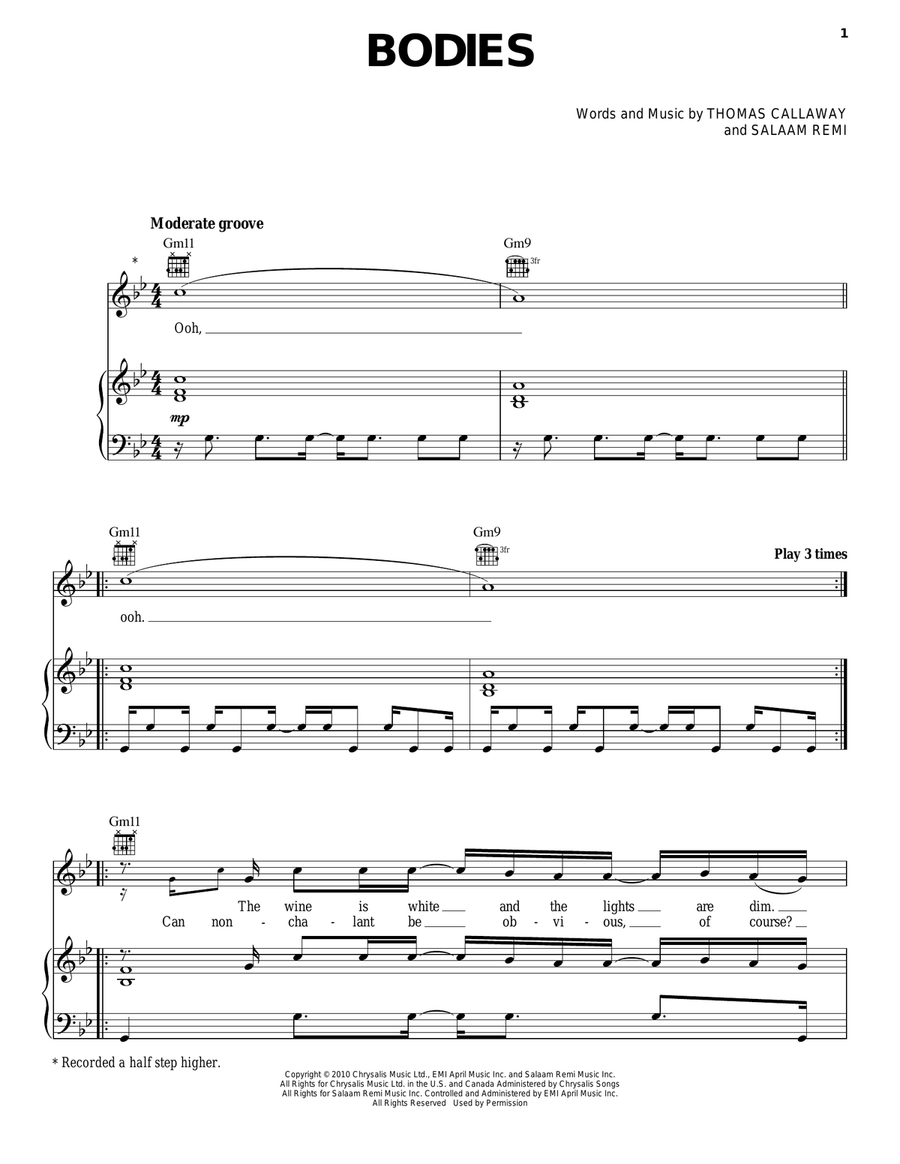 Bodies Piano, Vocal, Guitar scores gallery preview page 1