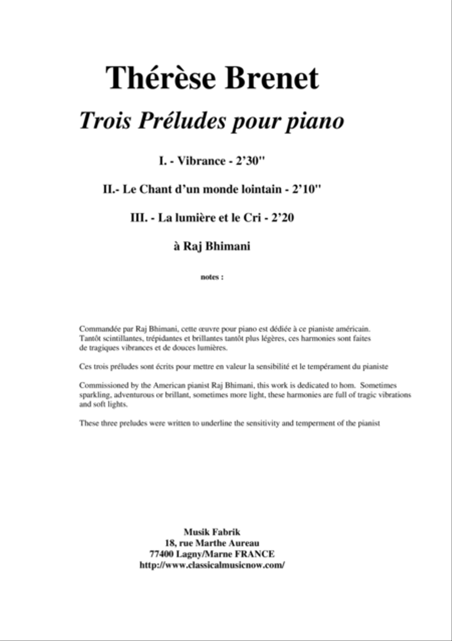 Thérèse Brenet - Trois Préludes pour le piano Piano Solo scores gallery preview page 1