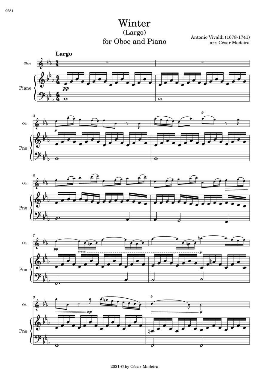 Winter by Vivaldi - Oboe and Piano - II. Largo (Full Score and Parts) Chamber Music scores gallery preview page 2