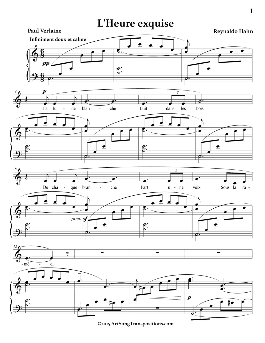 HAHN: L'heure exquise (in 3 medium keys: D-flat, C, B major) Piano, Vocal scores gallery preview page 5