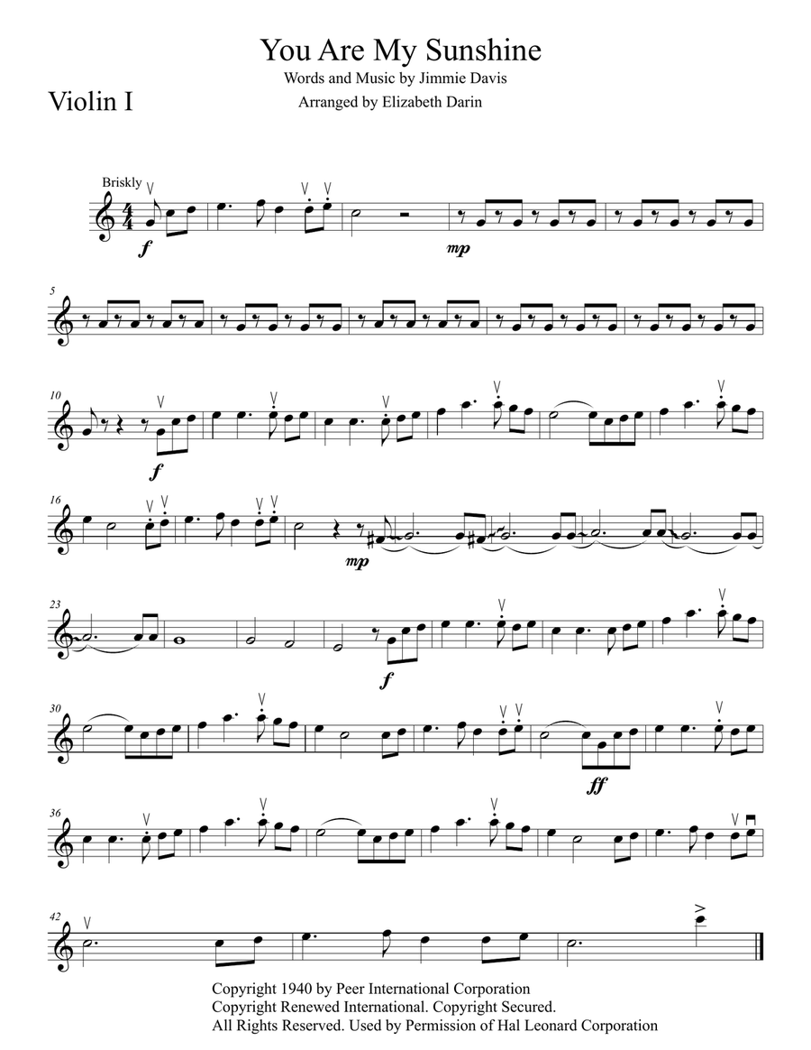 You Are My Sunshine Violin Solo scores gallery preview page 1