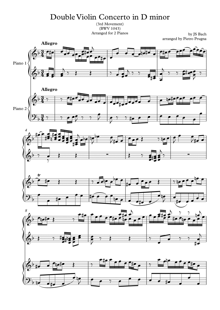 Double Violin Concerto in D minor (BWV 1043) - 3rd Movt - arranged for 2 pianos Violin Solo scores gallery preview page 1