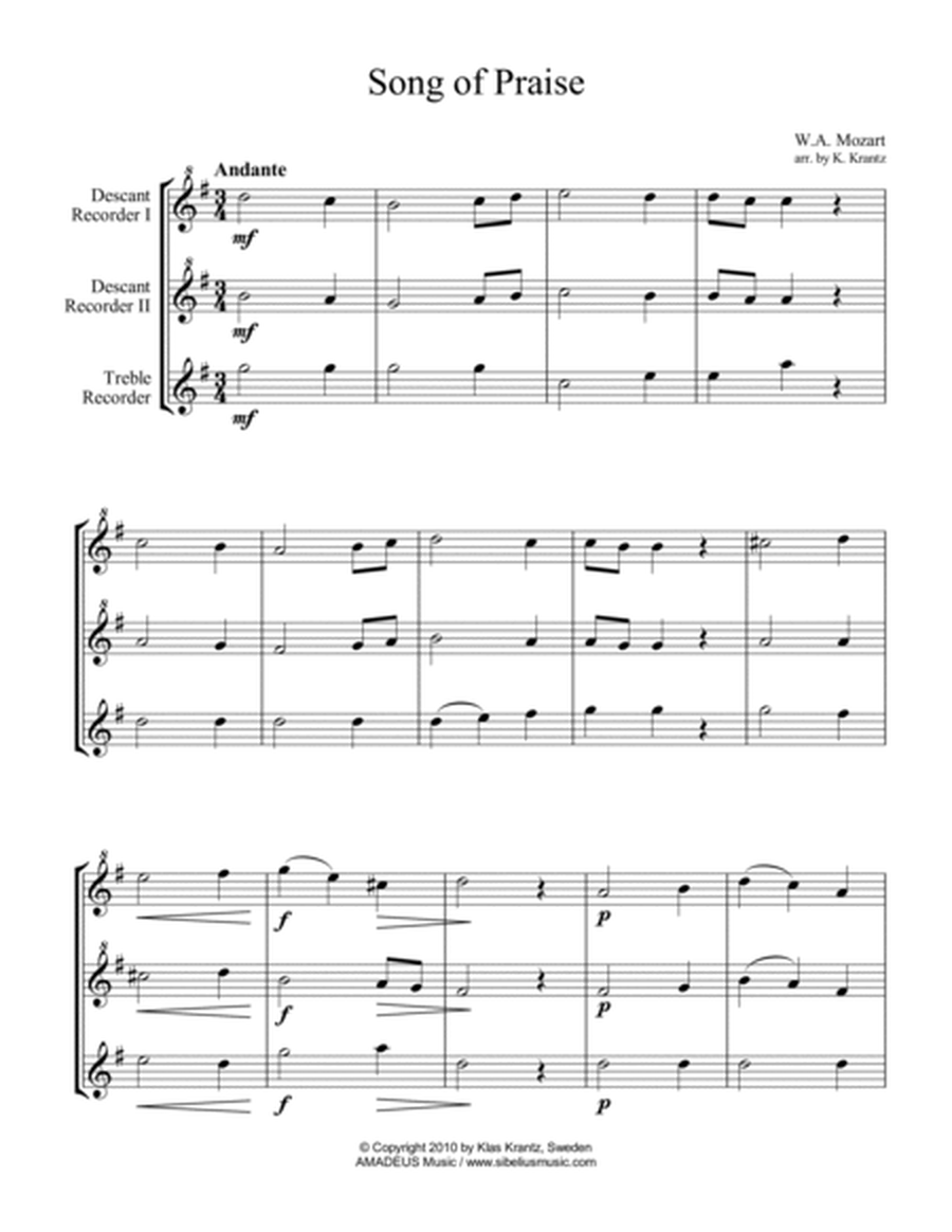 Song of Praise/Hymn Song for recorder trio (2 descant, 1 treble) K. 623a (Austrian National Anthem) image number null