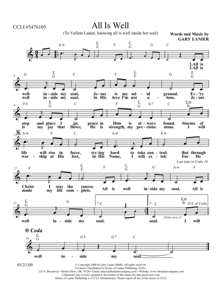 ALL IS WELL, Praise & Worship Lead Sheet (Includes melody, lyrics, and chords) image number null