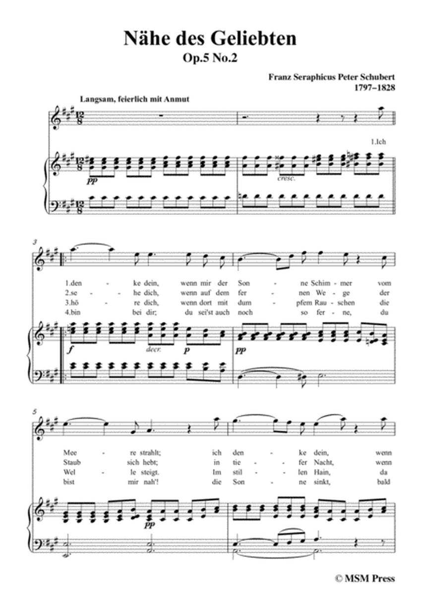 Schubert-Nähe des Geliebten,Op.5 No.2,in A Major,for Voice&Piano image number null
