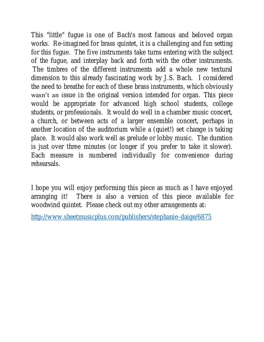 Bach Little Fugue in G Minor for Brass Quintet BWV 578 Brass Quintet scores gallery preview page 2