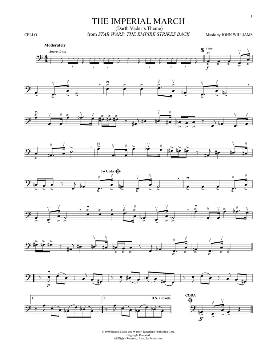 The Imperial March (Darth Vader's Theme) (from Star Wars: The Empire Strikes Back) Cello Solo scores gallery preview page 1