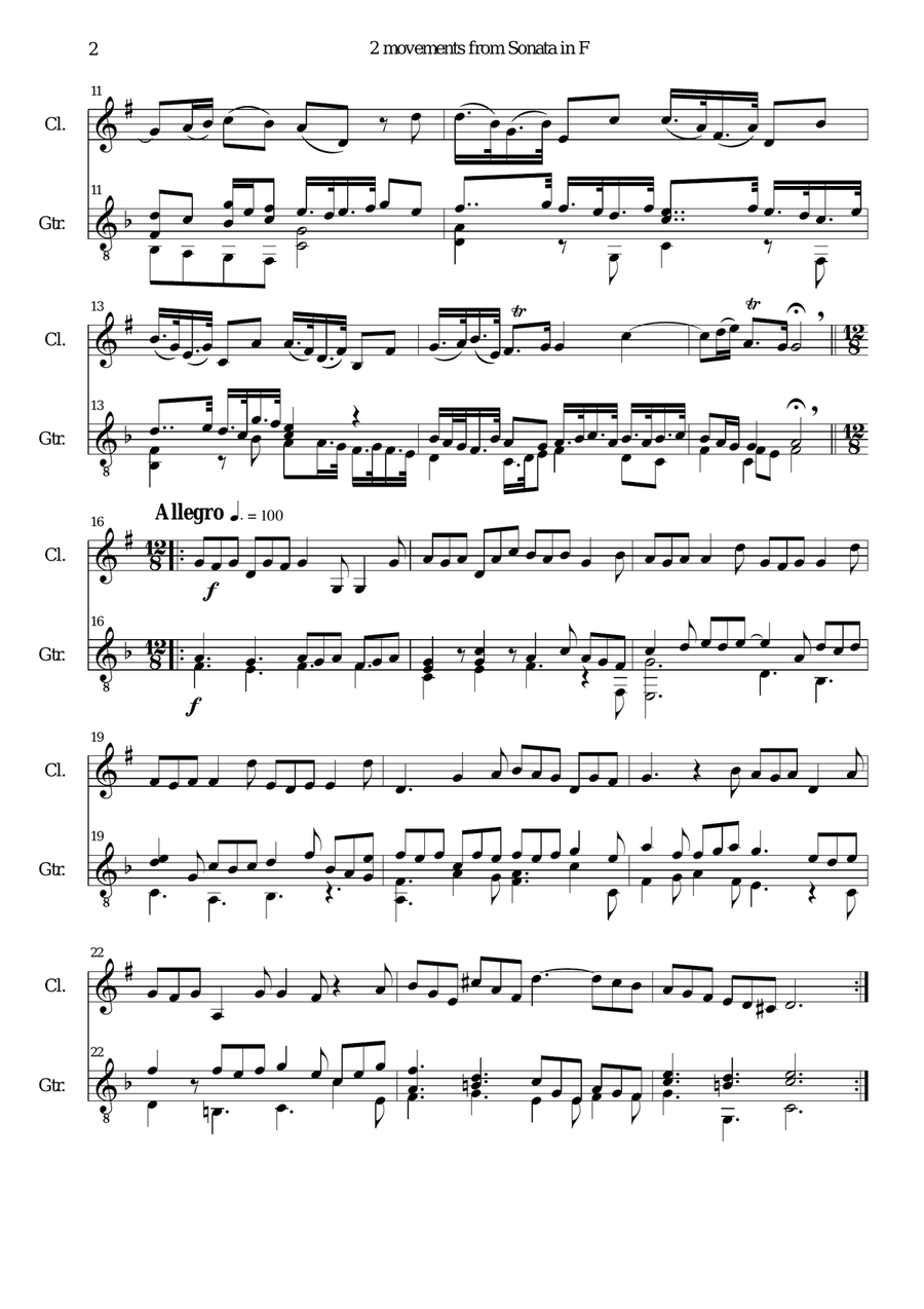 Sonata in F (first and last movements) for clarinet and guitar Clarinet scores gallery preview page 2