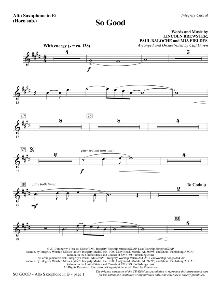 So Good - Alto Sax (sub. Horn) Choir scores gallery preview page 1